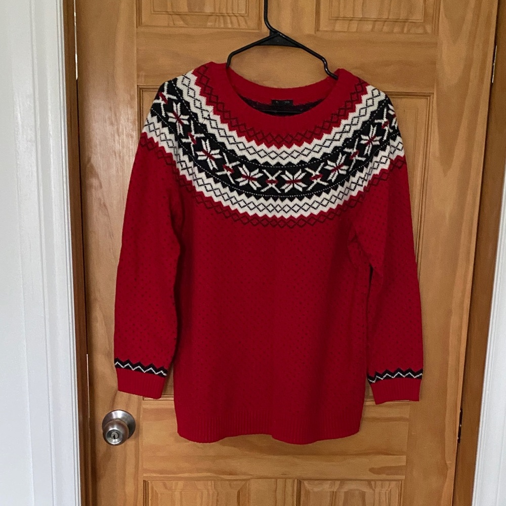 Talbots Red Sweater with Black and White Pattern